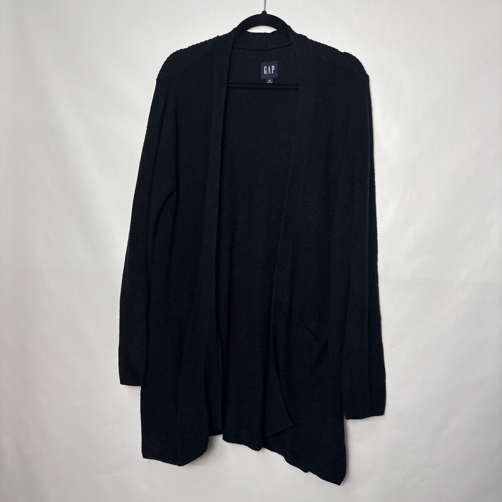 GAP Womens XL Black Open Front Longline Ribbed Knit Cardigan Sweater Pockets
